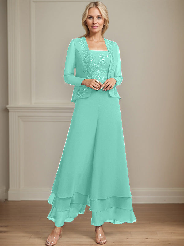 Robe de mère de la mariée en mousseline de soie, longueur cheville, avec sequins, combinaison/tailleur carré 