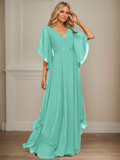 A-line V-Neck Floor-Length Chiffon Mother of the Bride Dress With Sequins Appliques Lace Beading