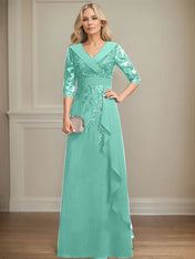 A-line Collared V-Neck Floor-Length Lace Chiffon Mother of the Bride Dress With Sequins Cascading Ruffles