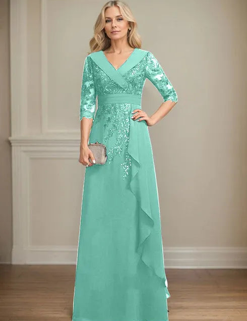 Robe de mère de la mariée trapèze, col en V, longueur au sol, en mousseline de soie et dentelle, avec volants en cascade et paillettes 