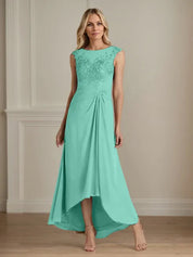 Champagne A-Line Scoop Lace Chiffon Dress