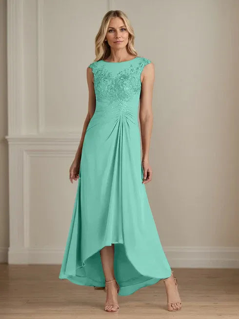 Champagne A-Line Scoop Lace Chiffon Dress