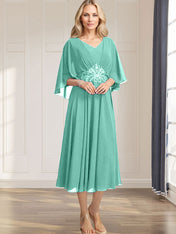 A-line V-Neck Tea-Length Chiffon Mother of the Bride Dress With Pleated Sequins Appliques Lace Beadind