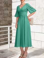 A-line V-Neck Tea-Length Lace Chiffon Mother of the Bride Dress With Pleated