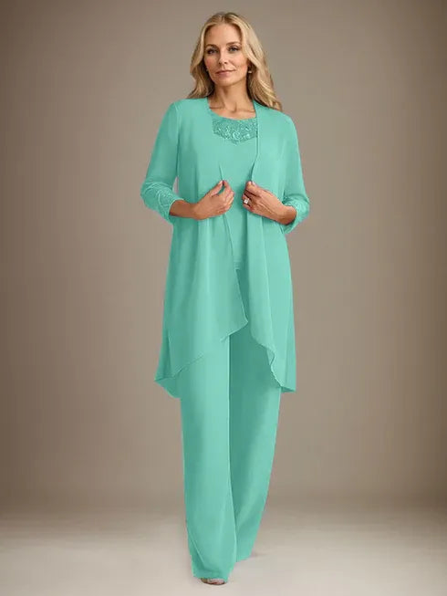 Chiffon Scoop Long Sleeves Mother Of The Bride Pantsuits With Jacket