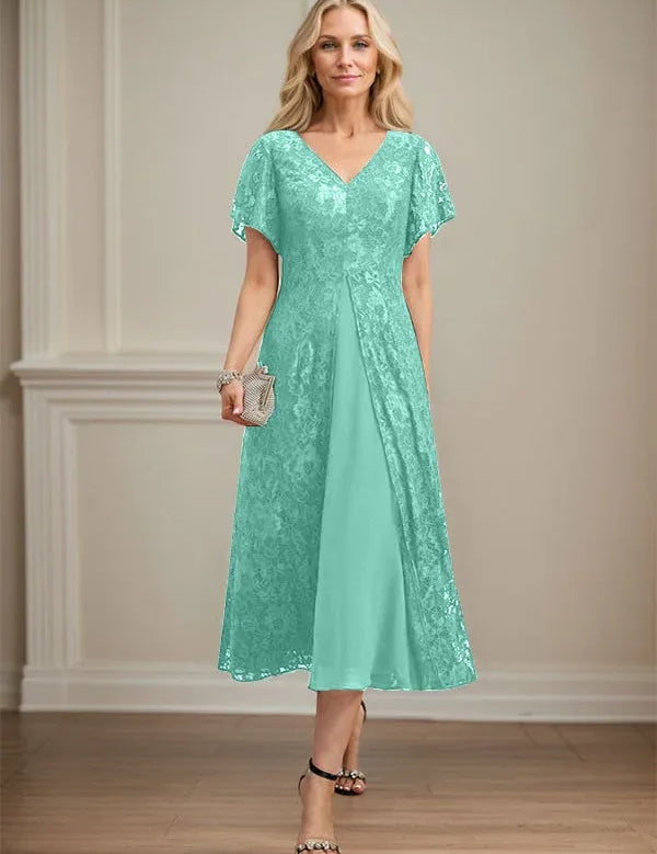 A-line V-Neck Tea-Length Lace Chiffon Mother of the Bride Dress