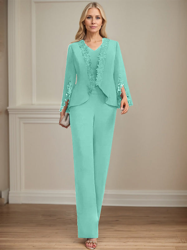 Separates Jumpsuit/Pantsuit V-Neck Floor-Length Chiffon Mother of the Bride Dress