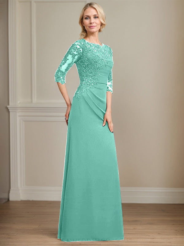 A-line Scoop Floor-Length Chiffon Lace Mother of the Bride Dress With Beading Pleated Sequins