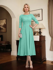 A-line Scoop Illusion Tea-Length Chiffon Lace Mother of the Bride Dress With Beading Sequins