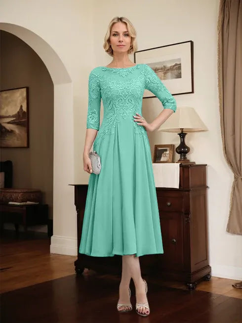 A-line Scoop Illusion Tea-Length Chiffon Lace Mother of the Bride Dress With Beading Sequins