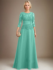 A-line Scoop Illusion Floor-Length Chiffon Lace Mother of the Bride Dress With Pleated Sequins Beading