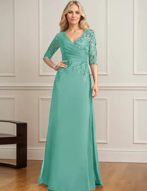 Robe de mère de la mariée trapèze, col en V, longueur au sol, en mousseline de soie et dentelle, avec sequins plissés 