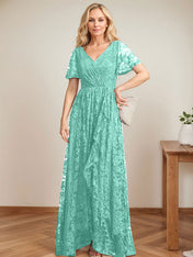 A-Line V-Neck Asymmetrical Lace Mother of the Bride Dress With Cascading Ruffles
