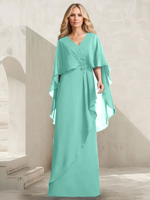 A-line V-Neck Floor-Length Chiffon Mother of the Bride Dress With Cascading Ruffles Beading