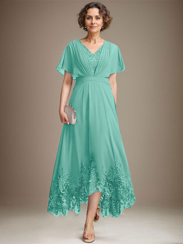 A-line V-Neck Asymmetrical Lace Chiffon Mother of the Bride Dress With Pleated