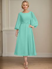 A-line Scoop Tea-Length Chiffon Mother of the Bride Dress With Crystal Brooch Pleated