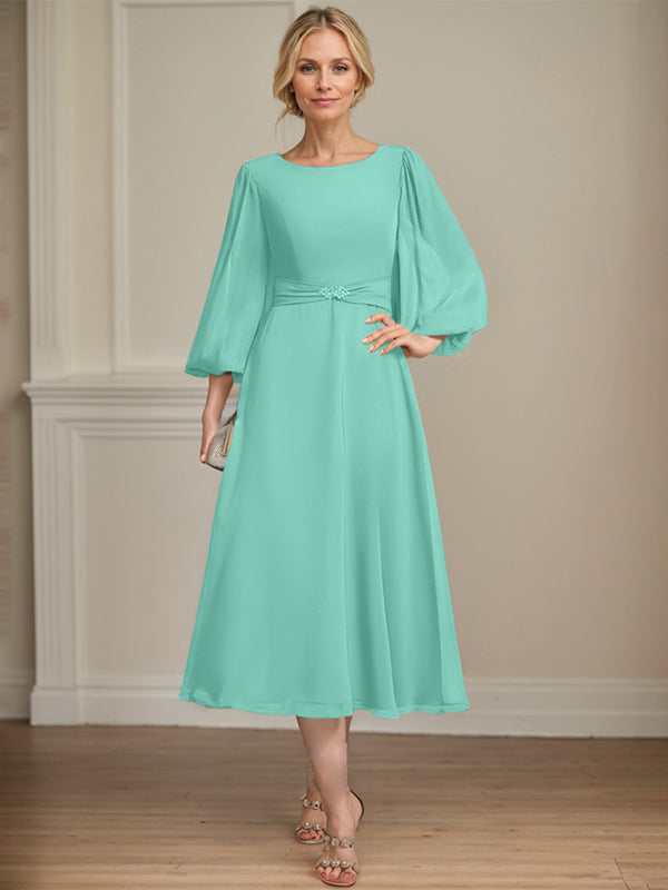 A-line Scoop Tea-Length Chiffon Mother of the Bride Dress With Crystal Brooch Pleated