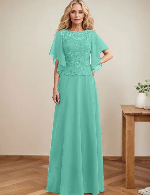A-line Scoop Illusion Floor-Length Lace Chiffon Mother of the Bride Dress With Sequins
