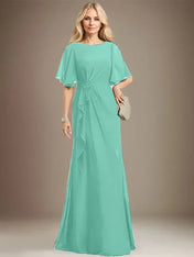 A-line Scoop Floor-Length Chiffon Mother of the Bride Dress With Cascading Ruffles Beading Sequins