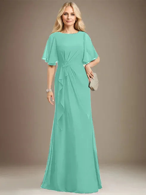 A-line Scoop Floor-Length Chiffon Mother of the Bride Dress With Cascading Ruffles Beading Sequins