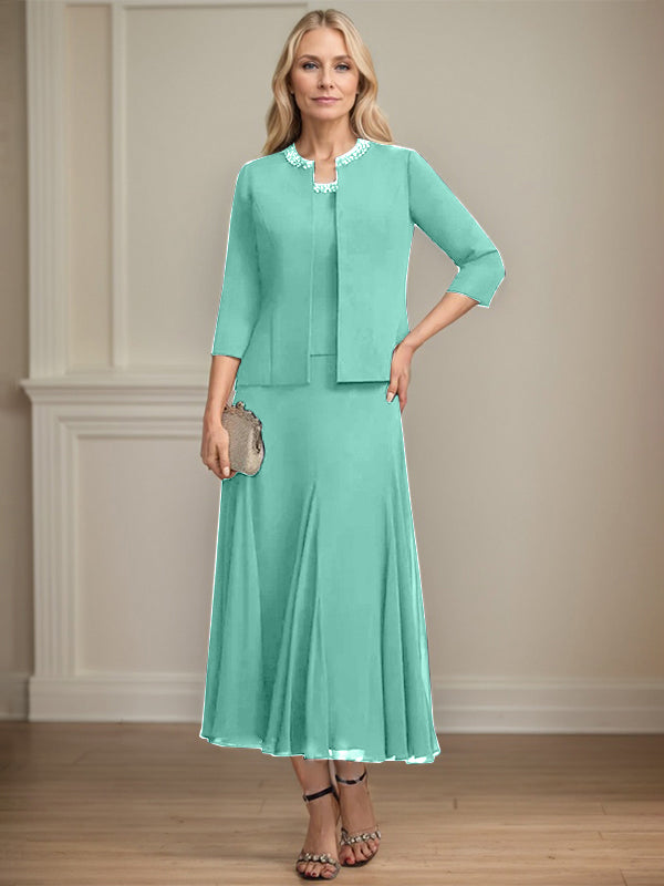Separates A-line Scoop Tea-Length Chiffon Mother of the Bride Dress With Sequins Beading