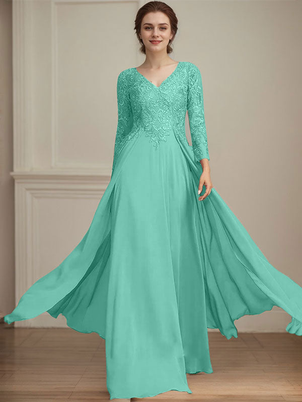 A-line V-Neck Floor-Length Lace Chiffon Mother of the Bride Dress With Sequins