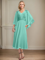 A-line V-Neck Tea-Length Chiffon Lace Mother of the Bride Dress With Beading Sequins