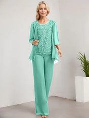 Separates Jumpsuit/Pantsuit Scoop Floor-Length Lace Chiffon Mother of the Bride Dress With Sequins