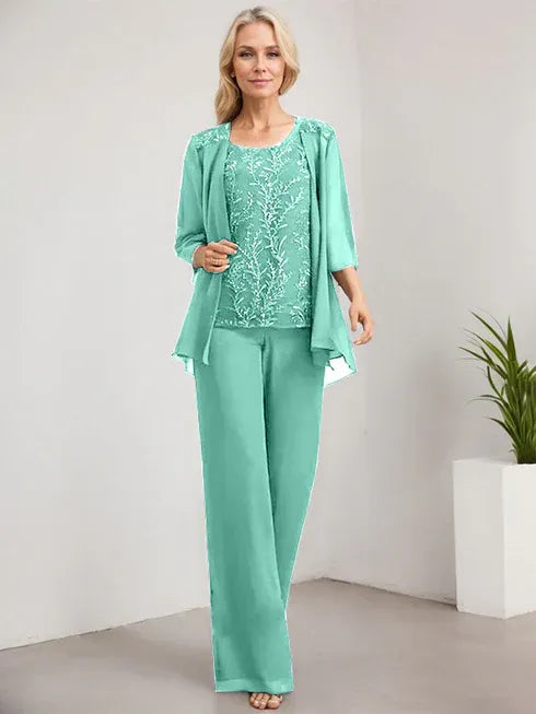 Pantsuit Scoop Floor-Length Lace Chiffon Mother of the Bride Dress With Sequins
