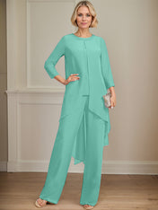 Separates Jumpsuit/Pantsuit Scoop Floor-Length Chiffon Mother of the Bride Dress With Sequins Beading