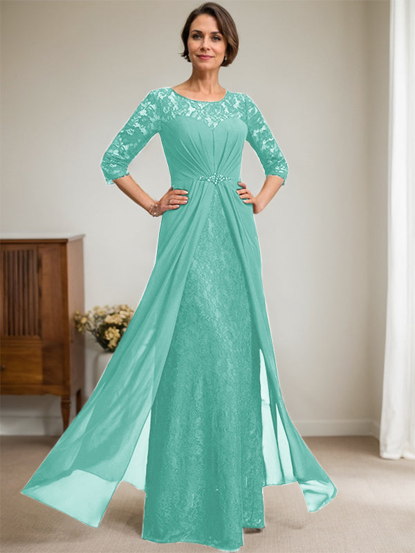 A-Line Scoop Illusion Floor-Length Lace Chiffon Mother Of the Bride Dress With Beading Ruffles