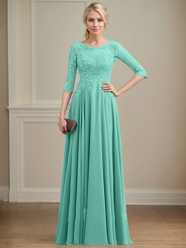 A-line Scoop Illusion Floor-Length Lace Chiffon Mother of the Bride Dress With Sequins