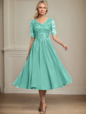 A-line V-Neck Tea-Length Lace Chiffon Mother of the Bride Dress With Sequins