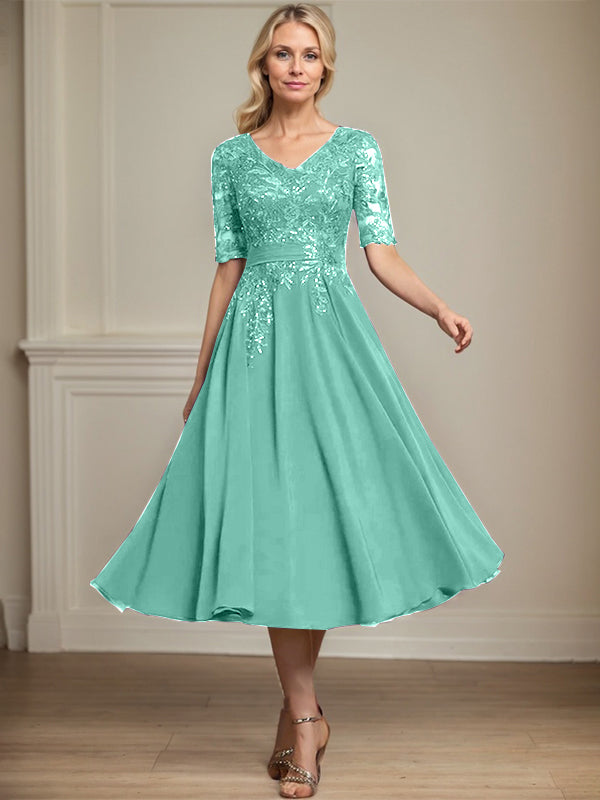 A-line V-Neck Tea-Length Lace Chiffon Mother of the Bride Dress With Sequins