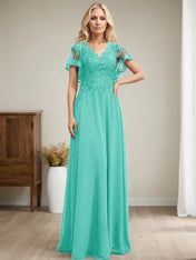 A-line V-Neck Floor-Length Lace Chiffon Mother of the Bride Dress With Sequins