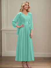 A-line V-Neck Ankle-Length Chiffon Mother of the Bride Dress With Sequins Appliques Lace Beading