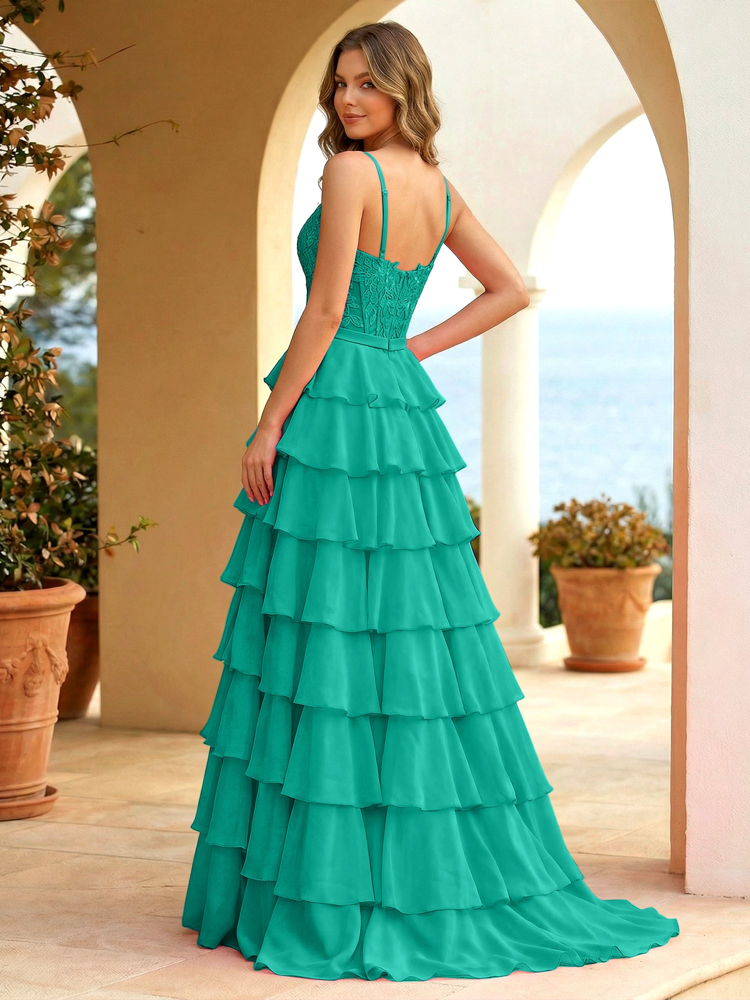 Pink Lace Corset Tiered Ruffle Long Prom Dress