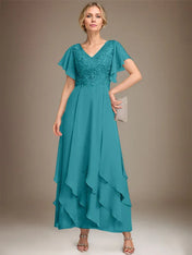 A-line V-Neck Ankle-Length Lace Chiffon Mother of the Bride Dress With Cascading Ruffles