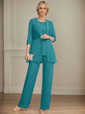 Jumpsuit/Pantsuit Separates Scoop Floor-Length Chiffon Lace Mother of the Bride Dress With Sequins