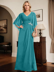 Sheath/Column V-Neck Floor-Length Chiffon Mother of the Bride Dress With Pleated Sequins Beading