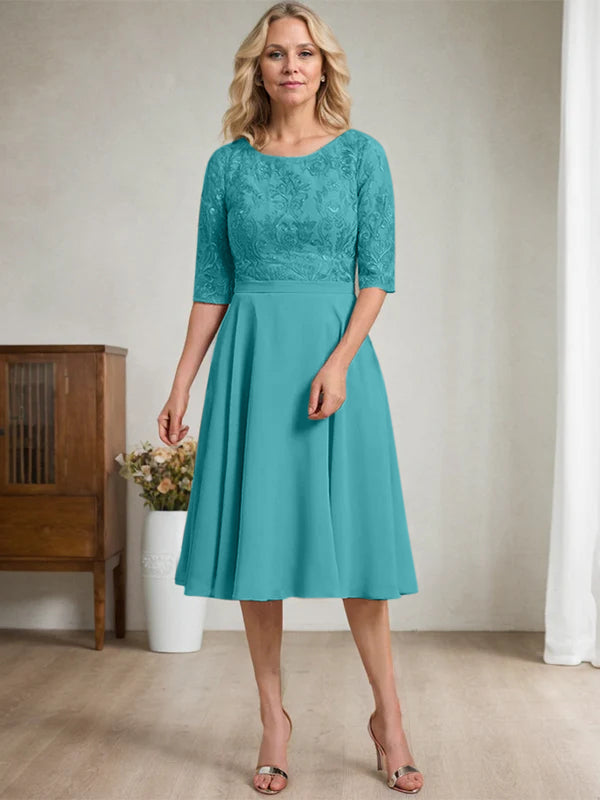 A-line Scoop Knee-Length Lace Chiffon Mother of the Bride Dress