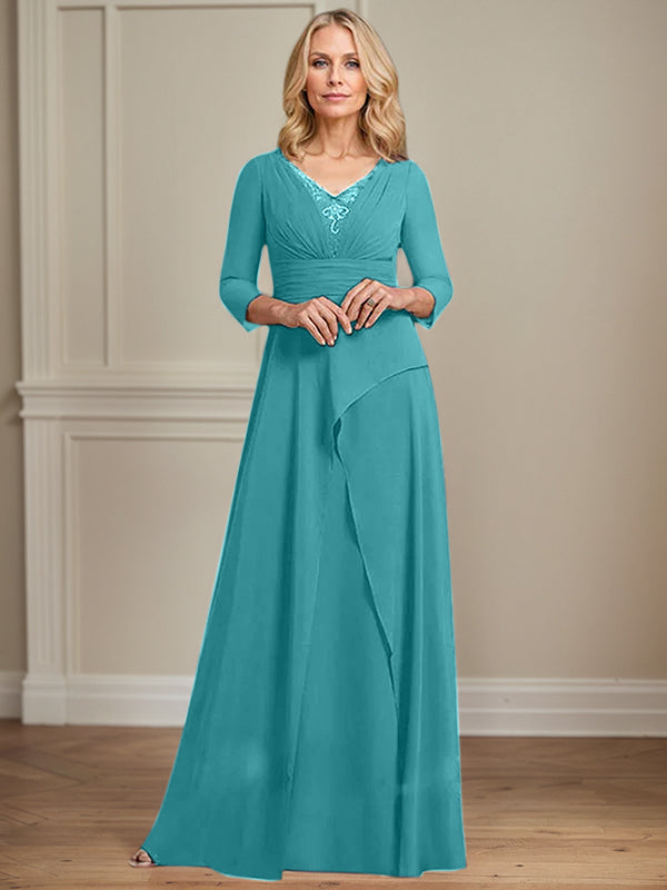 A-line V-Neck Floor-Length Chiffon Mother of the Bride Dress With Pleated Beading