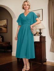 A-line V-Neck Tea-Length Chiffon Mother of the Bride Dress With Pleated Beading