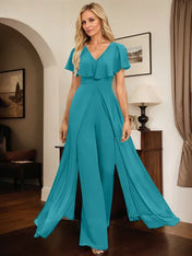 Jumpsuit/Pantsuit V-Neck Floor-Length Chiffon Evening Dress