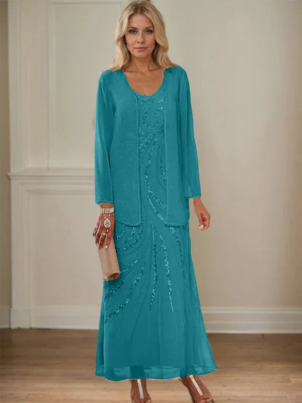 Robe de mère de la mariée fourreau/colonne, col en V, longueur cheville, avec veste et paillettes 