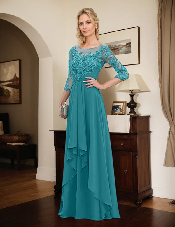 Robe de mère de la mariée trapèze en mousseline de soie et dentelle, longueur au sol, avec volants en cascade 