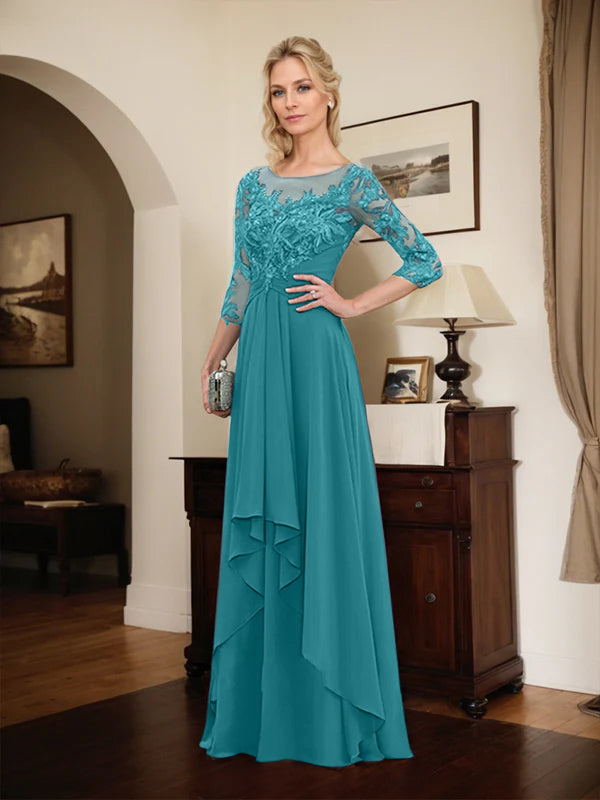 Robe de mère de la mariée trapèze en mousseline de soie et dentelle, longueur au sol, avec volants en cascade 