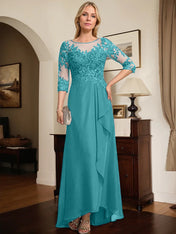 A-line Scoop Illusion Asymmetrical Lace Chiffon Mother of the Bride Dress With Sequins Cascading Ruffles