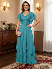 A-line V-Neck Ankle-Length Lace Chiffon Mother of the Bride Dress With Cascading Ruffles