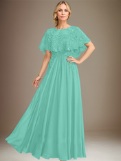 A-line Boat Neck Floor-Length Lace Chiffon Mother of the Bride Dress With Applique Sequins